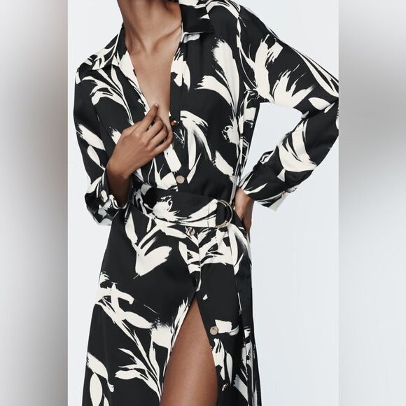 Zara Satin Printed Belted Dress New - Picture 4 of 9